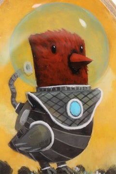 "Martian Cardinal" original oil painting panel, pop surrealism, miniature, round
