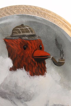 "Sherlock Cardinal" original oil painting, pop surrealism, miniature, round