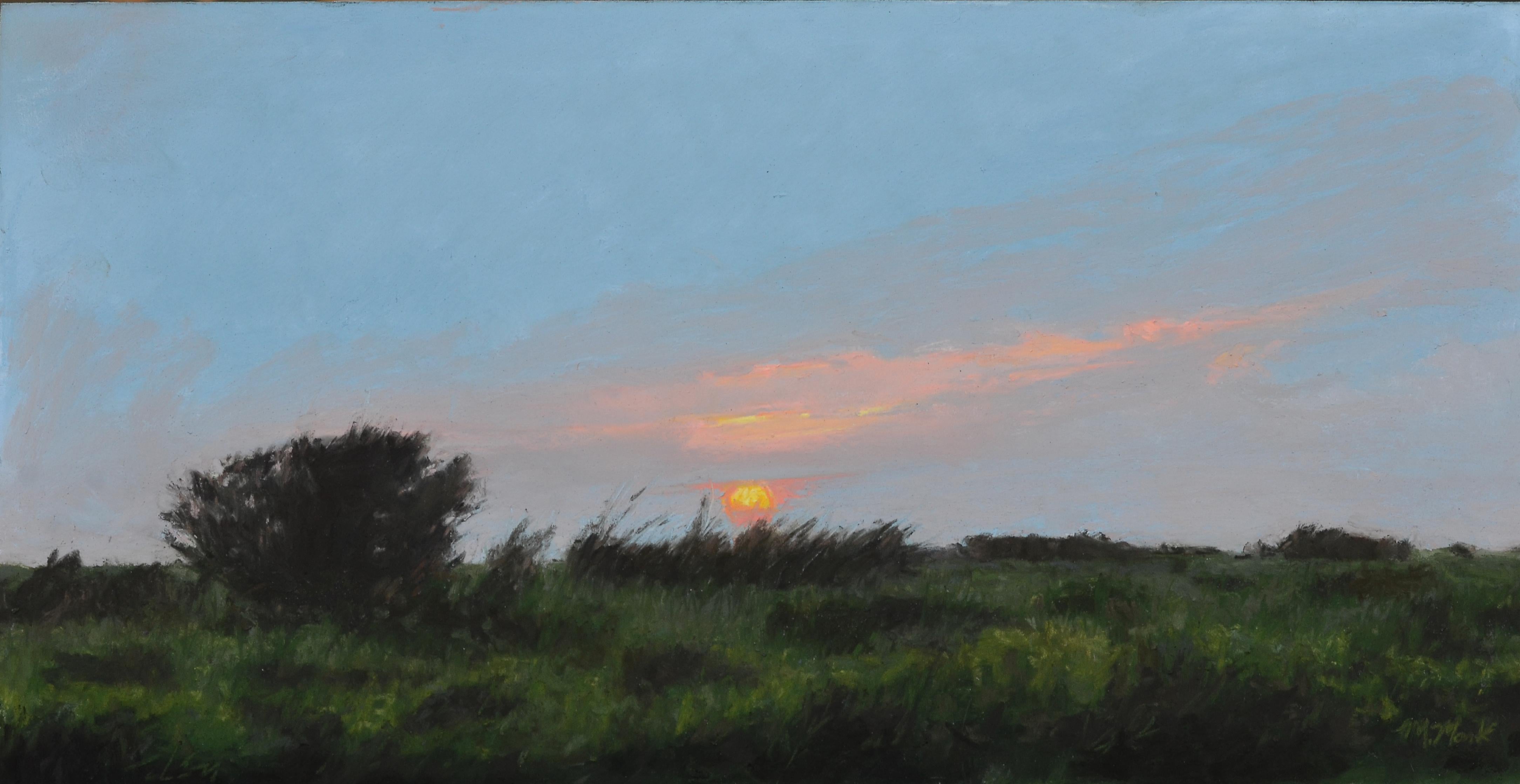 Mary Monk Landscape Art - "Days End" soft pastel on paper, en plein air landscape, sunset over marshy land