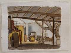 "Inglewood 10-2-19" original watercolor, farm, barn, machines, by Kathryn Keller