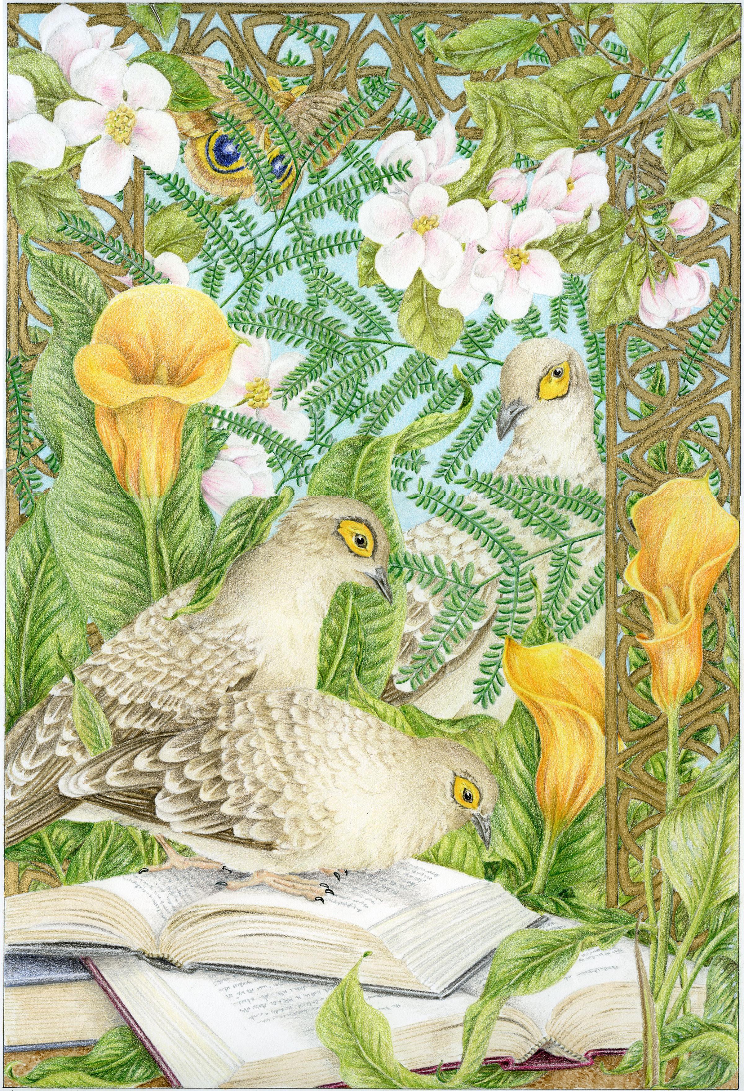 Mary Lee Eggart Animal Art - "Gift of the Spirit: Knowledge" colored pencil & watercolor, doves, religious 