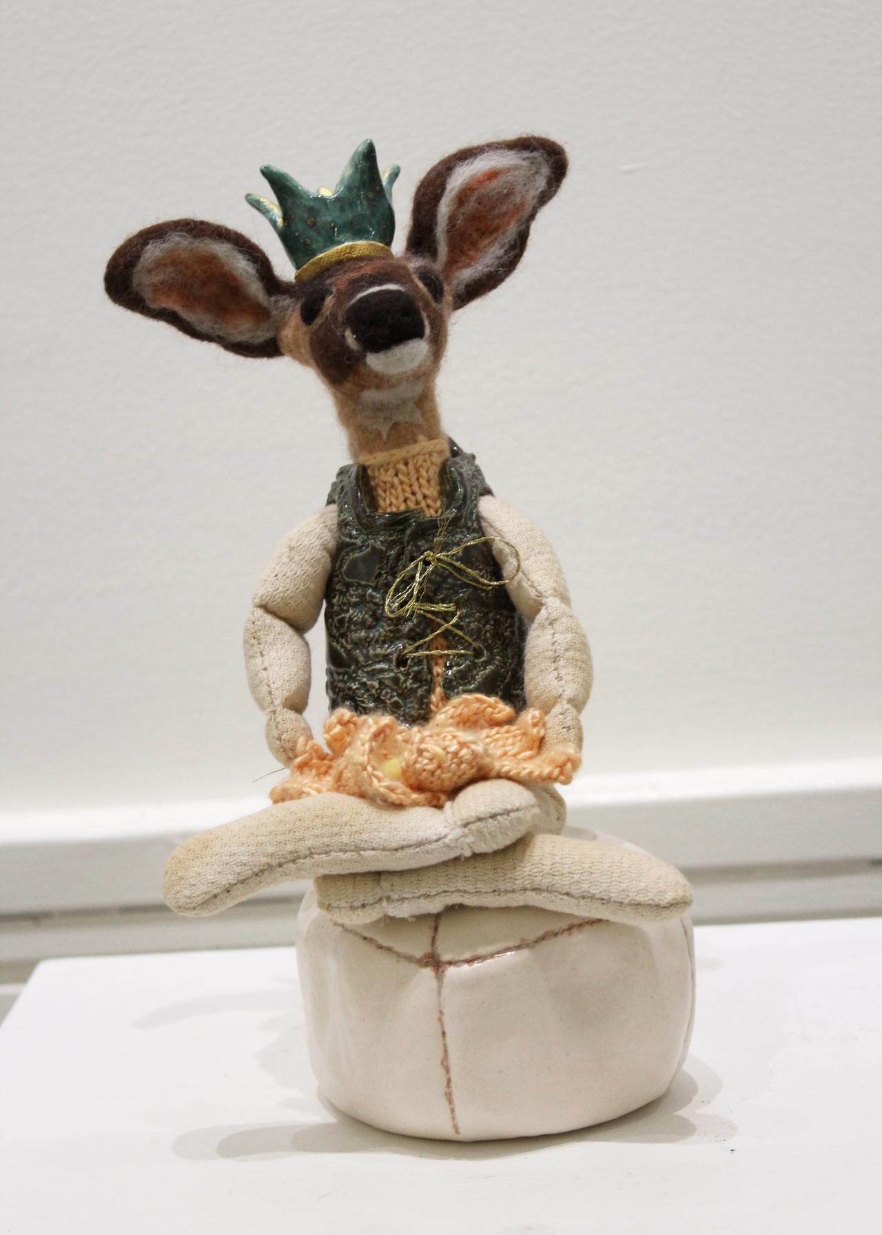Eva Maier Figurative Sculpture - "The Guide" mixed media, ceramic, felted wool, small, original deer sculpture