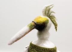 Untitled (standing bird in green dress) mixed media, small, original sculpture