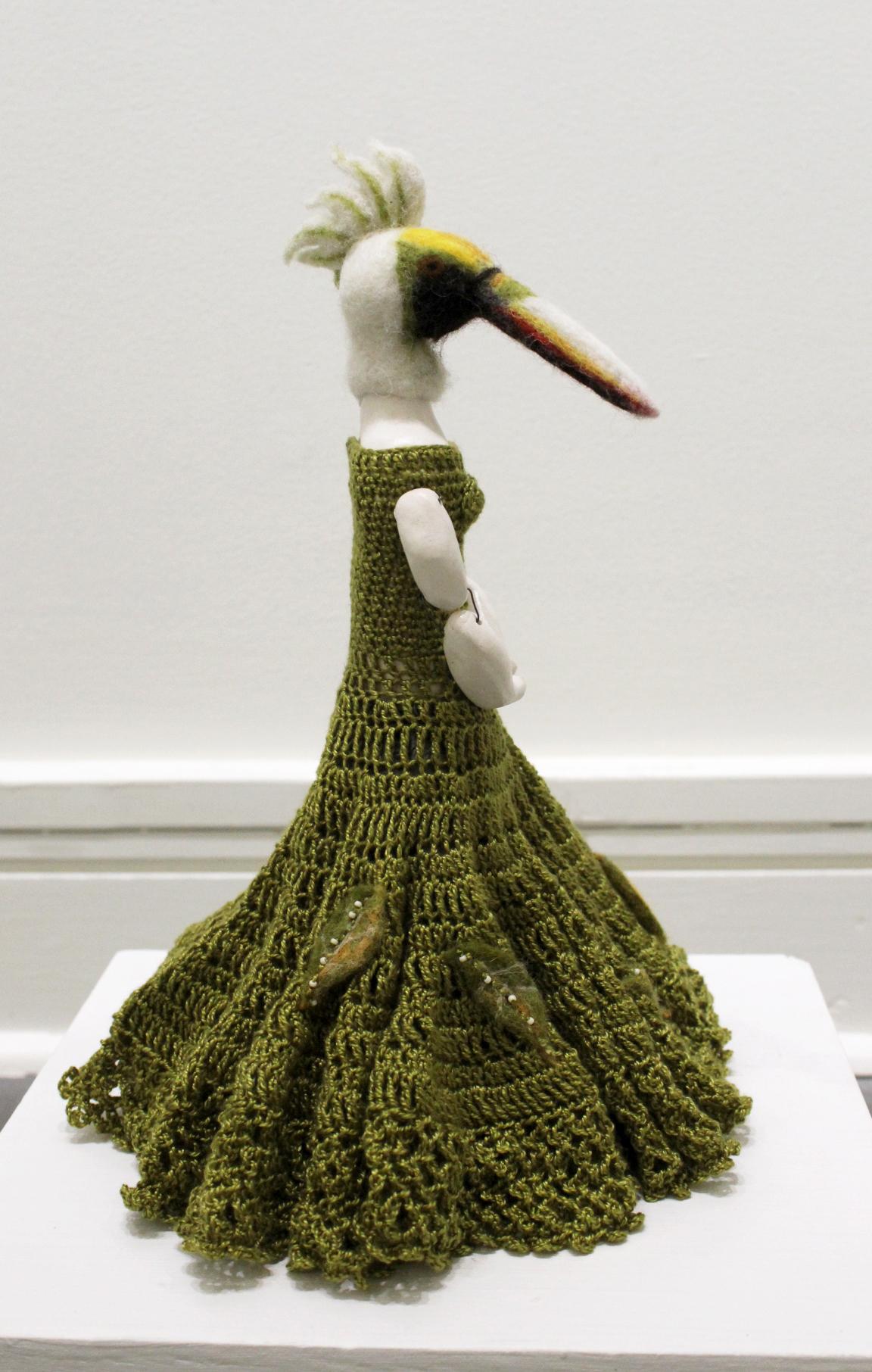 Untitled (standing bird in green dress) mixed media, small, original sculpture For Sale 1