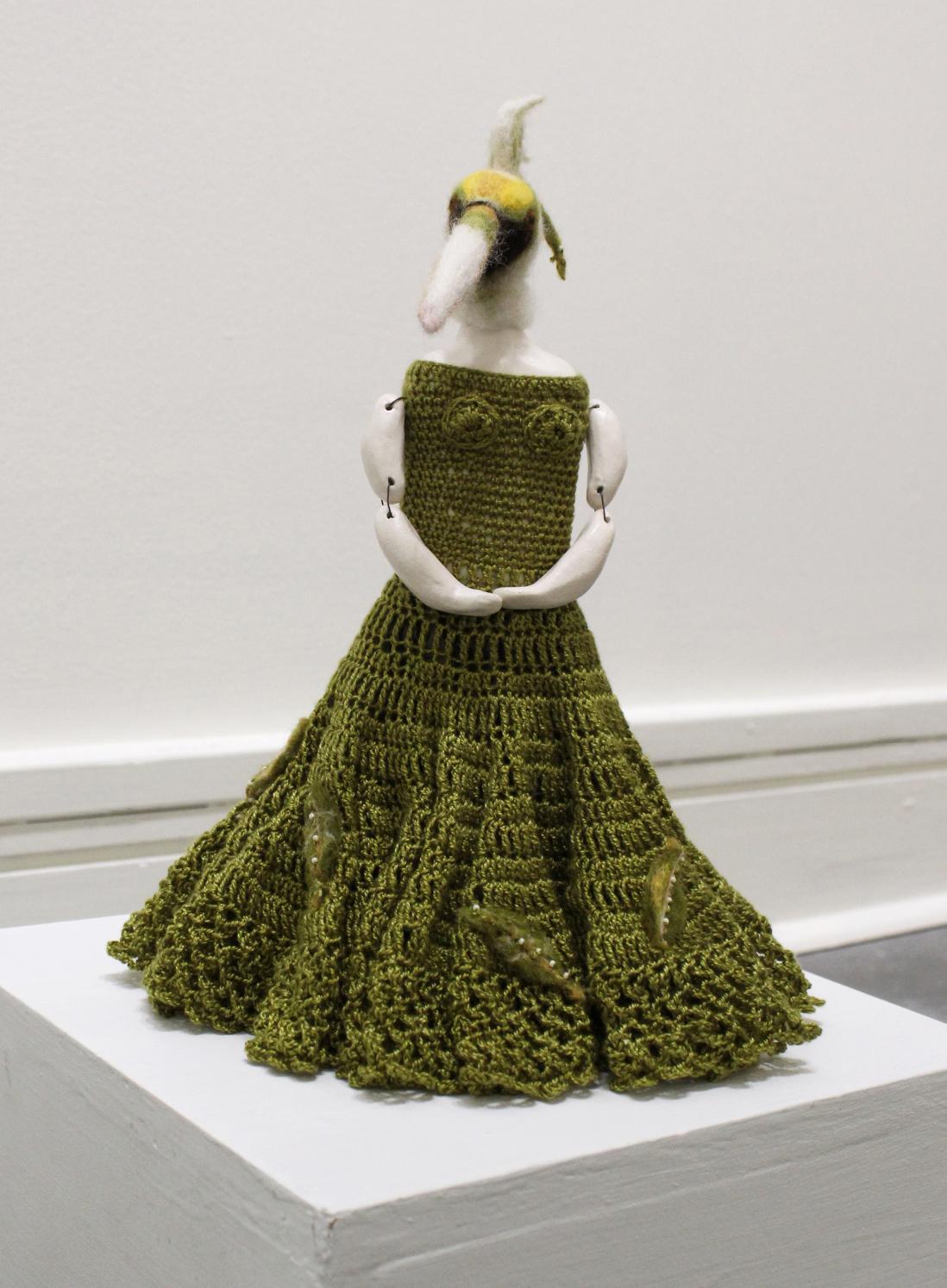 Untitled (standing bird in green dress) mixed media, small, original sculpture - Mixed Media Art by Eva Maier