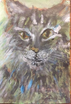 "Mystery Cat" original, acrylic painting on paper, figurative cat portrait 
