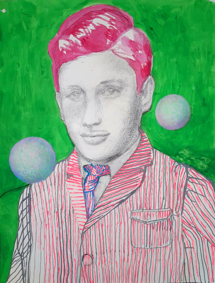 Freddy. One of 4 portraits made by Eline Meyer for the exhibition of Spherulite at PontArte gallery in November 2018. The work on paper is made with a mixed technique of acrylic and pencil. 
It is presented in a white passe partout, but should be