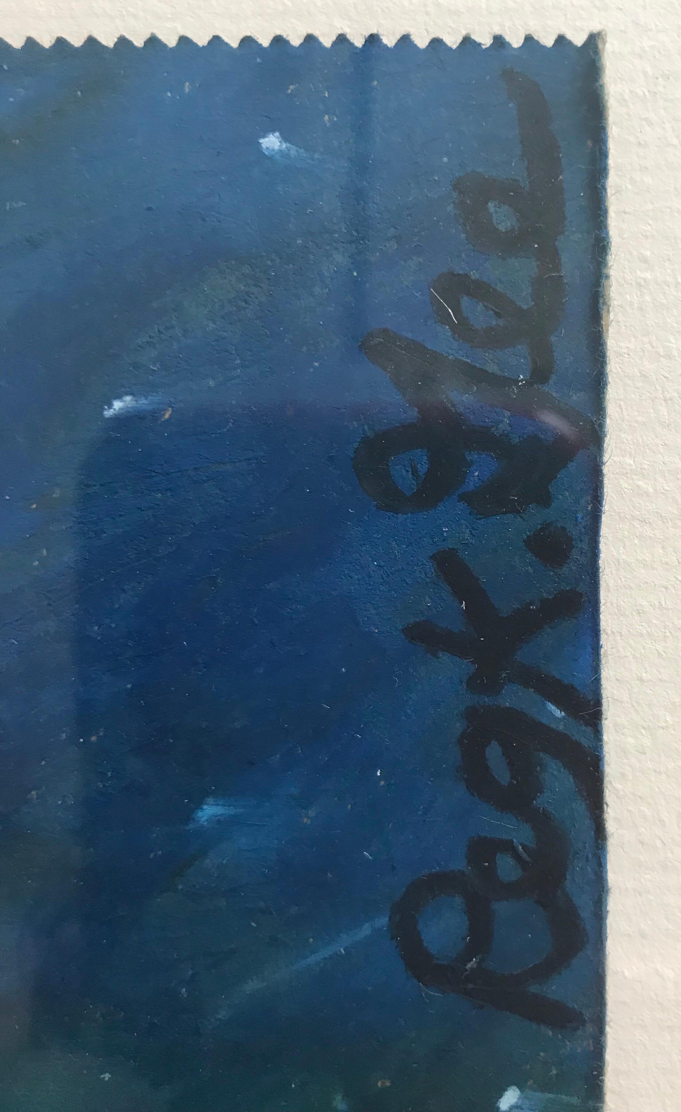 Pastel d'huile sur papier signé « FAST FOOD BREAKFAST », sortie de la nourriture à travers un fenêtre - Bleu Portrait par Reginald K. Gee
