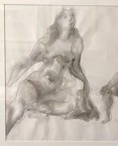 NUDI RECLINATI, disegno ad acquerello firmato, donne sedute, grigio caldo, grafite