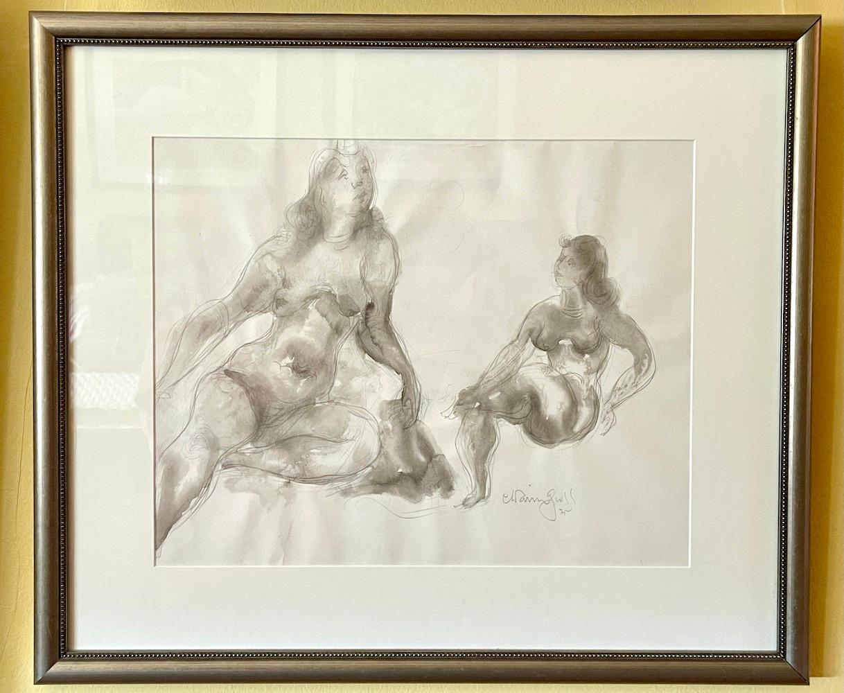RECLINING NUDES, Signed Original Watercolor Drawing, Warm Gray, Graphite For Sale 7