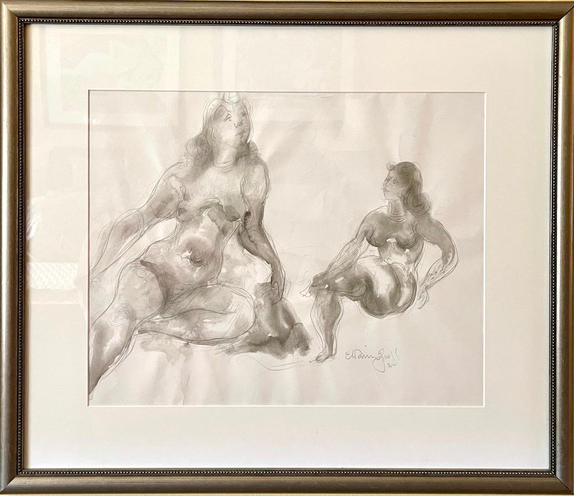 RECLINING NUDES, Signed Original Watercolor Drawing, Warm Gray, Graphite