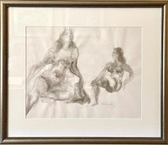 Vintage RECLINING NUDES, Signed Original Watercolor Drawing, Warm Gray, Graphite