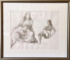 DESNUDOS RECLINADOS, Dibujo en acuarela firmado, Mujeres sentadas, Gris cálido, Grafito