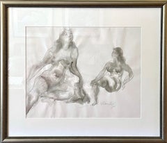 DESNUDOS RECLINADOS, Dibujo en acuarela firmado, Mujeres sentadas, Gris cálido, Grafito