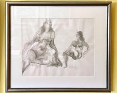 DESNUDOS RECLINADOS, Dibujo en acuarela firmado, Mujeres sentadas, Gris cálido, Grafito