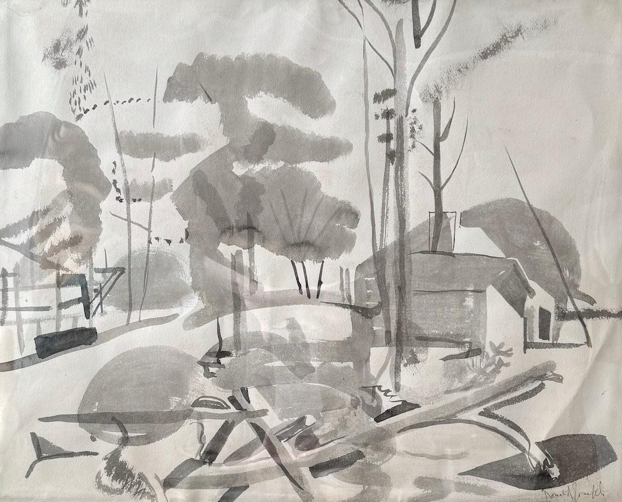 WOODED LANDSCAPE WITH HOUSES Signed Watercolor, Trees, African American Artist - Gray Landscape Art by Ronald Joseph