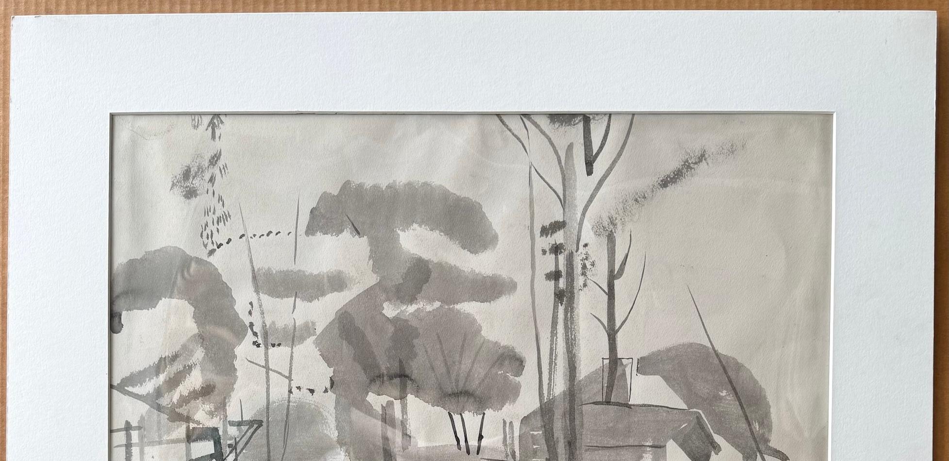 WOODED LANDSCAPE WITH HOUSES Signed original brush and ink on wove paper, circa 1950.

WOODED LANDSCAPE WITH HOUSES is an original watercolor brush and ink on paper, hand signed in ink pen by African-American artist, teacher, and printmaker Ronald