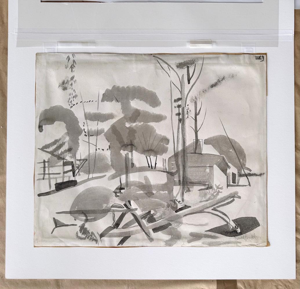 WOODED LANDSCAPE WITH HOUSES Signed Watercolor, Trees, African American Artist For Sale 3