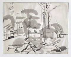 Aquarelle signée « WOODED LANDSCAPE WITH HOUSES », arbres, artiste afro-américain