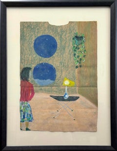 RETREAT ROOMS Pastello a olio su borsa della spesa firmato, Ragazza in uno spazio moderno di metà secolo