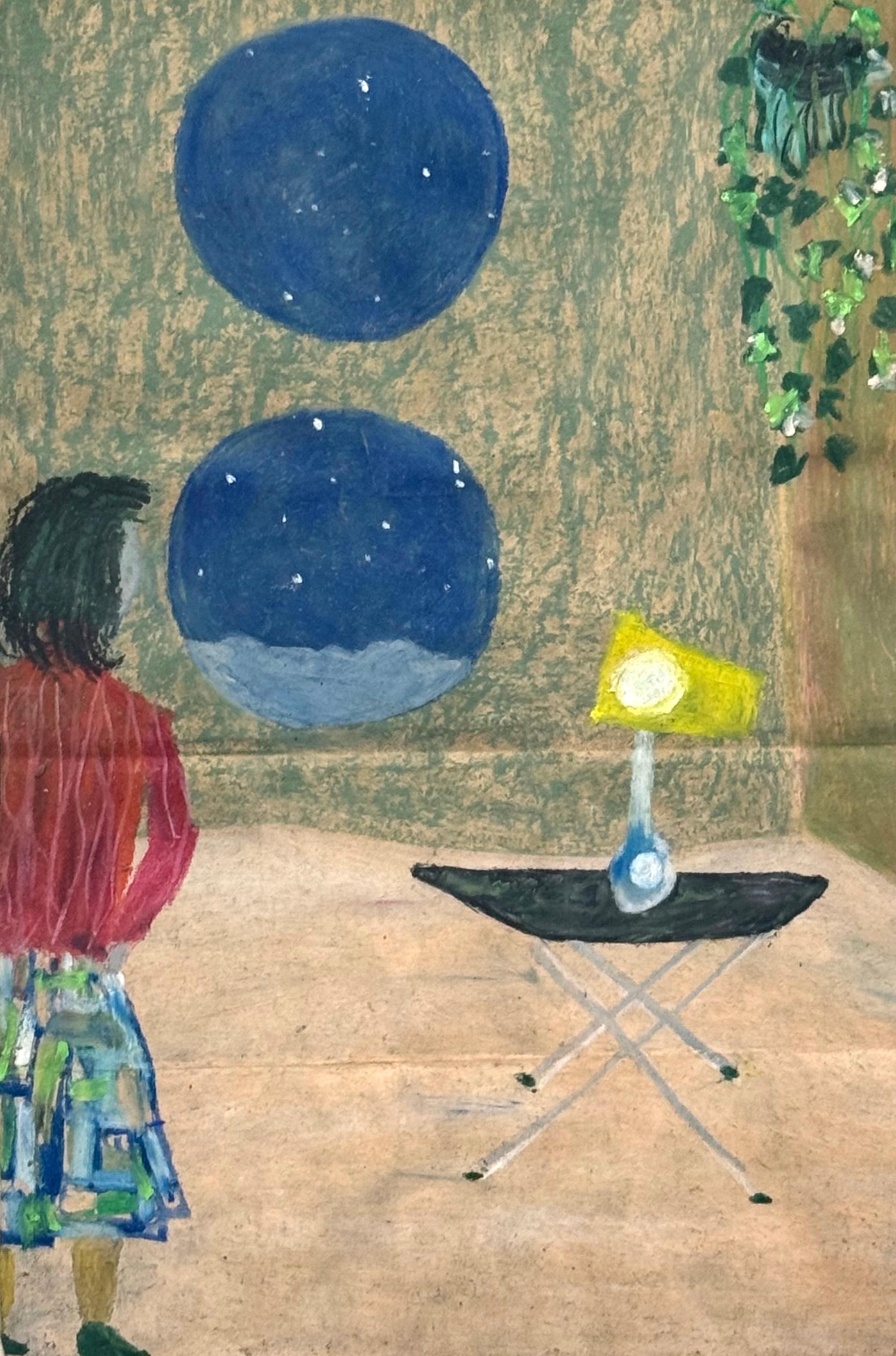 RETREAT ROOMS Pastello a olio su borsa della spesa firmato, Ragazza in uno spazio moderno di metà secolo - Art Neoespressionismo di Reginald K. Gee