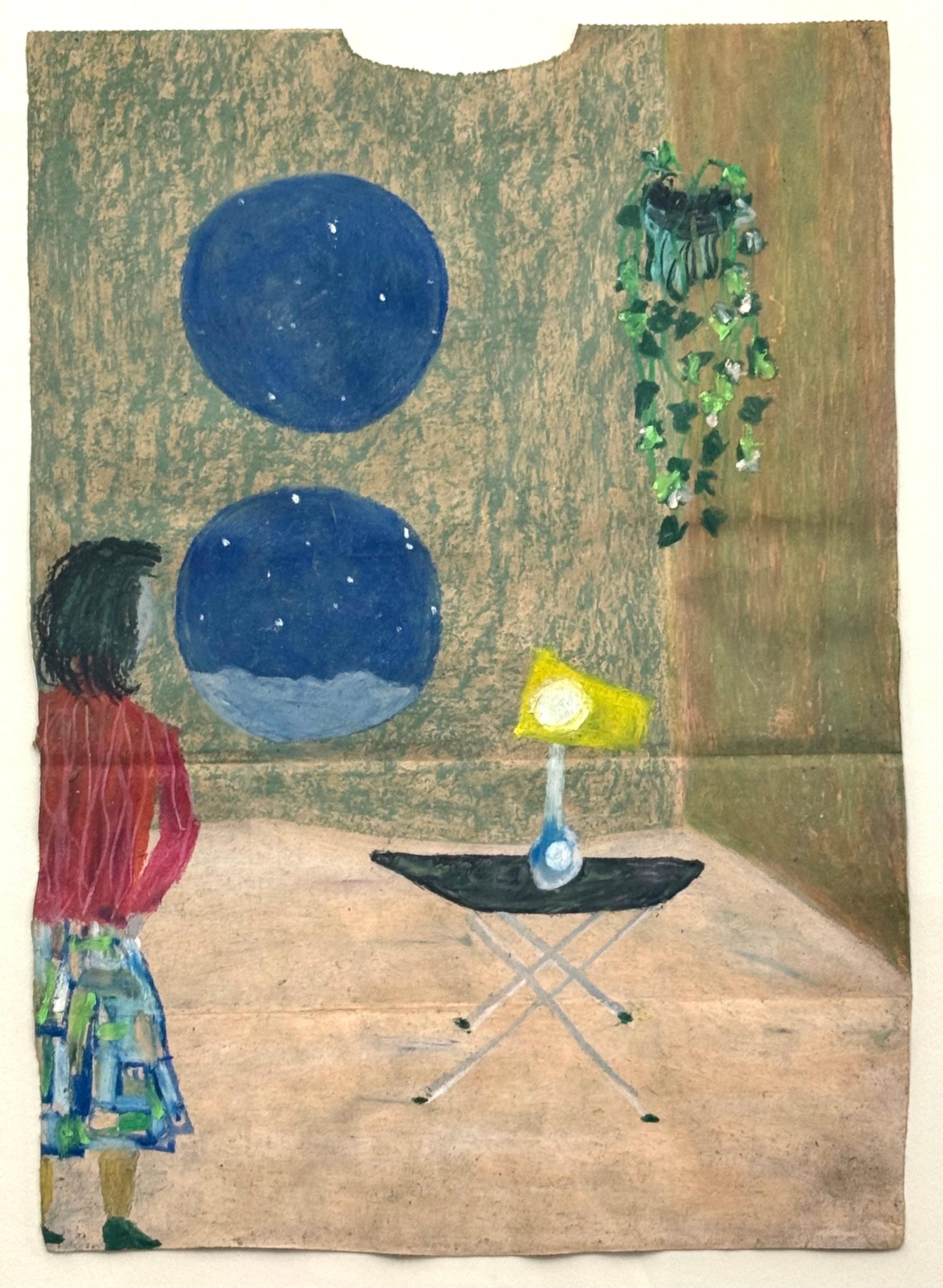 RETREAT ROOMS Pastello a olio su borsa della spesa firmato, Ragazza in uno spazio moderno di metà secolo - Art di Reginald K. Gee
