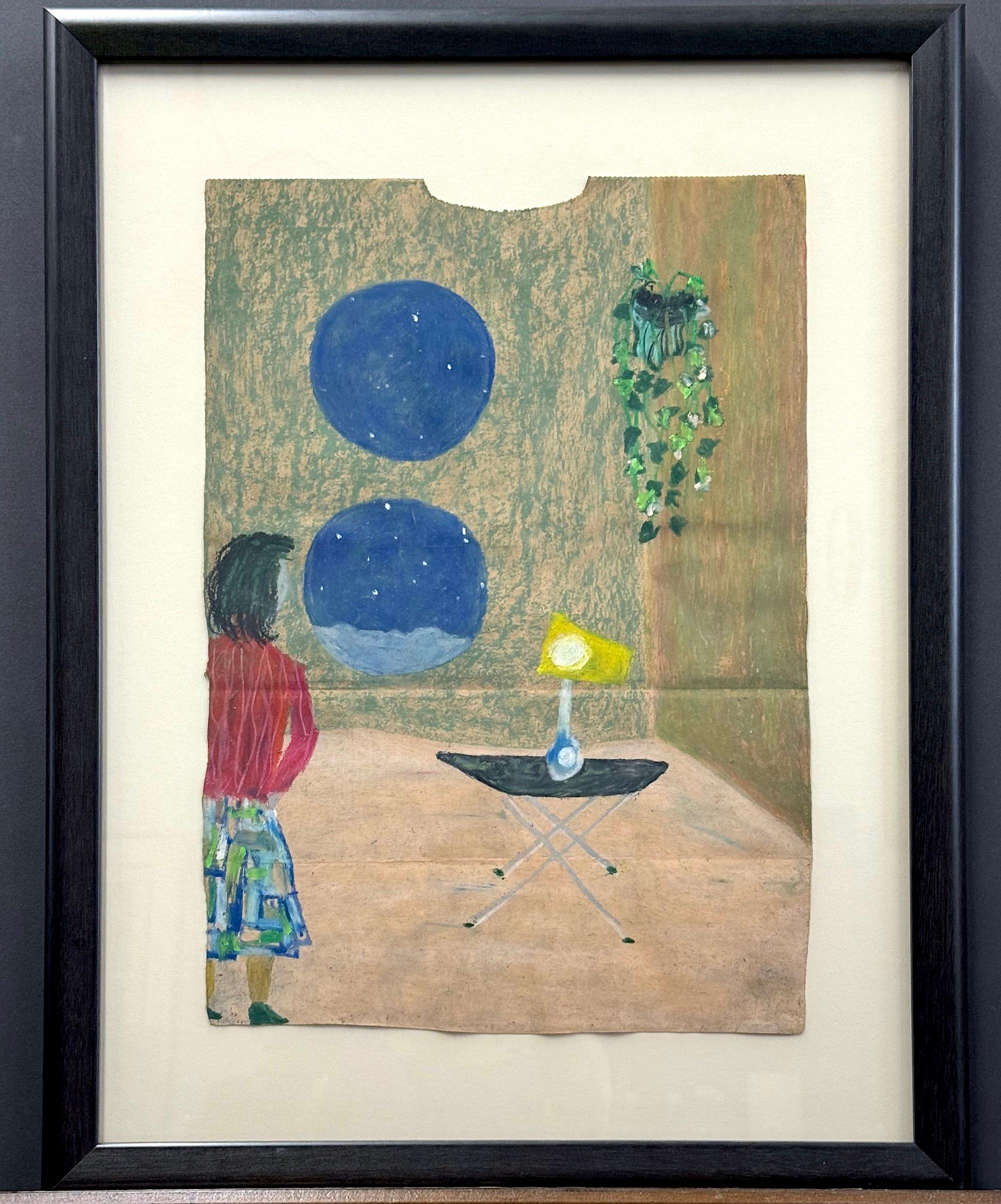 RETREAT ROOMS Pastello a olio su borsa della spesa firmato, Ragazza in uno spazio moderno di metà secolo in vendita 2