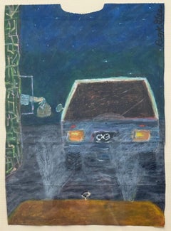 FAST FOOD BREAKFAST Firmato Pastello a olio su carta, Finestra Drive-Thru dell'auto, Surreale