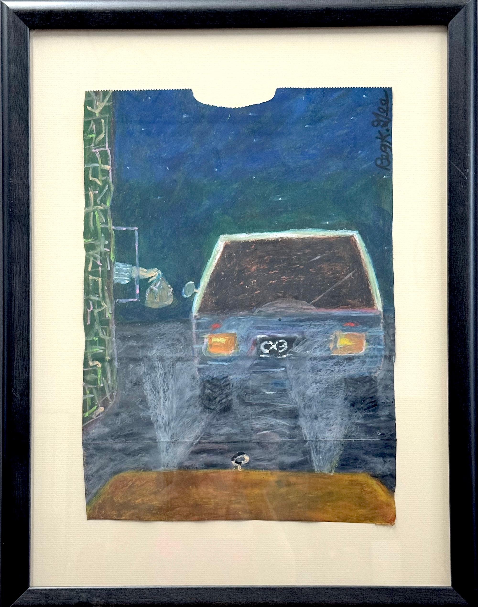Portrait di Reginald K. Gee - FAST FOOD BREAKFAST Firmato Pastello a olio su carta, Finestra Drive-Thru dell'auto, Surreale