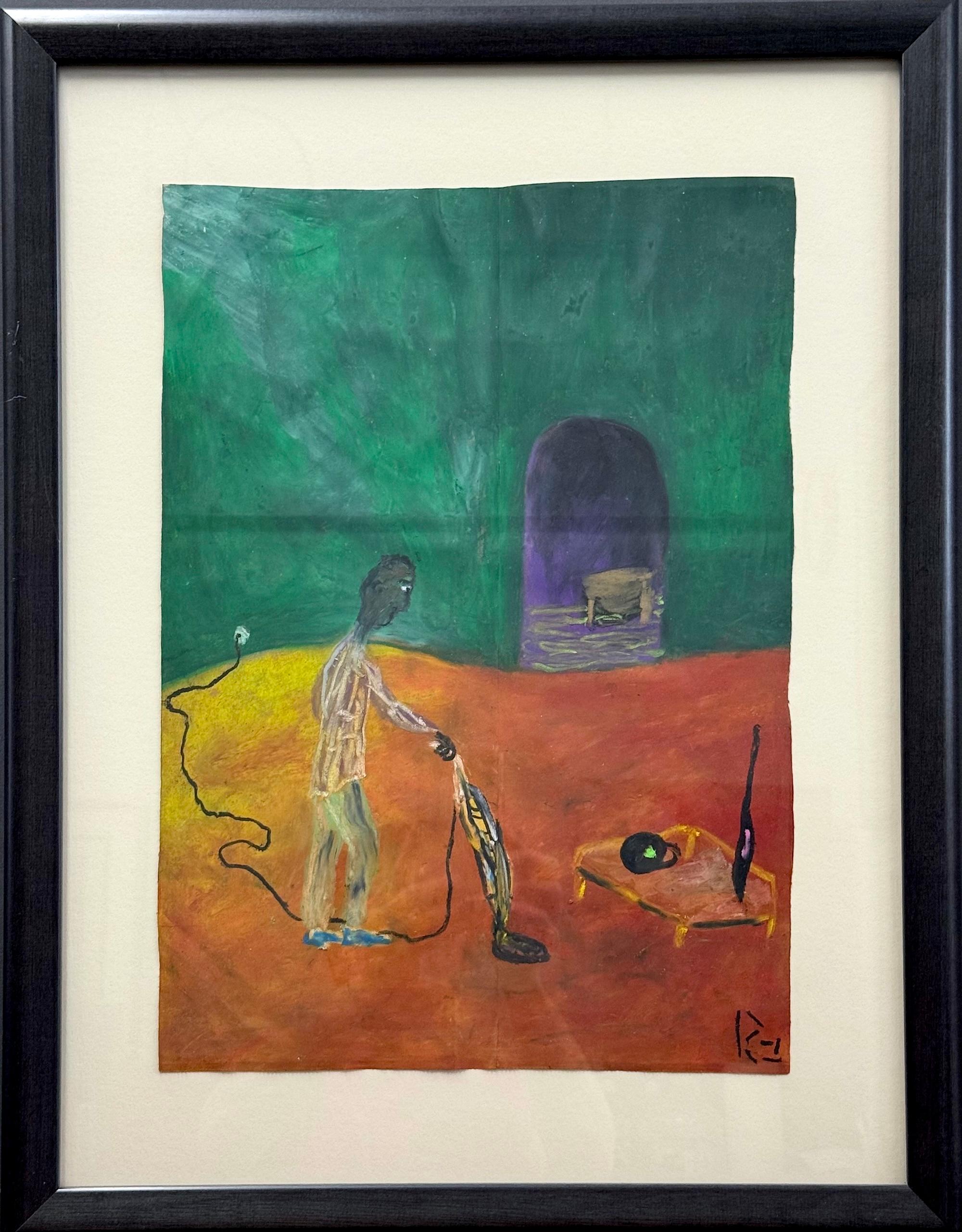 Figurative Art di Reginald K. Gee - HIS NEW DEN Pastello a olio firmato su busta della spesa, Uomo con aspirapolvere, surreale