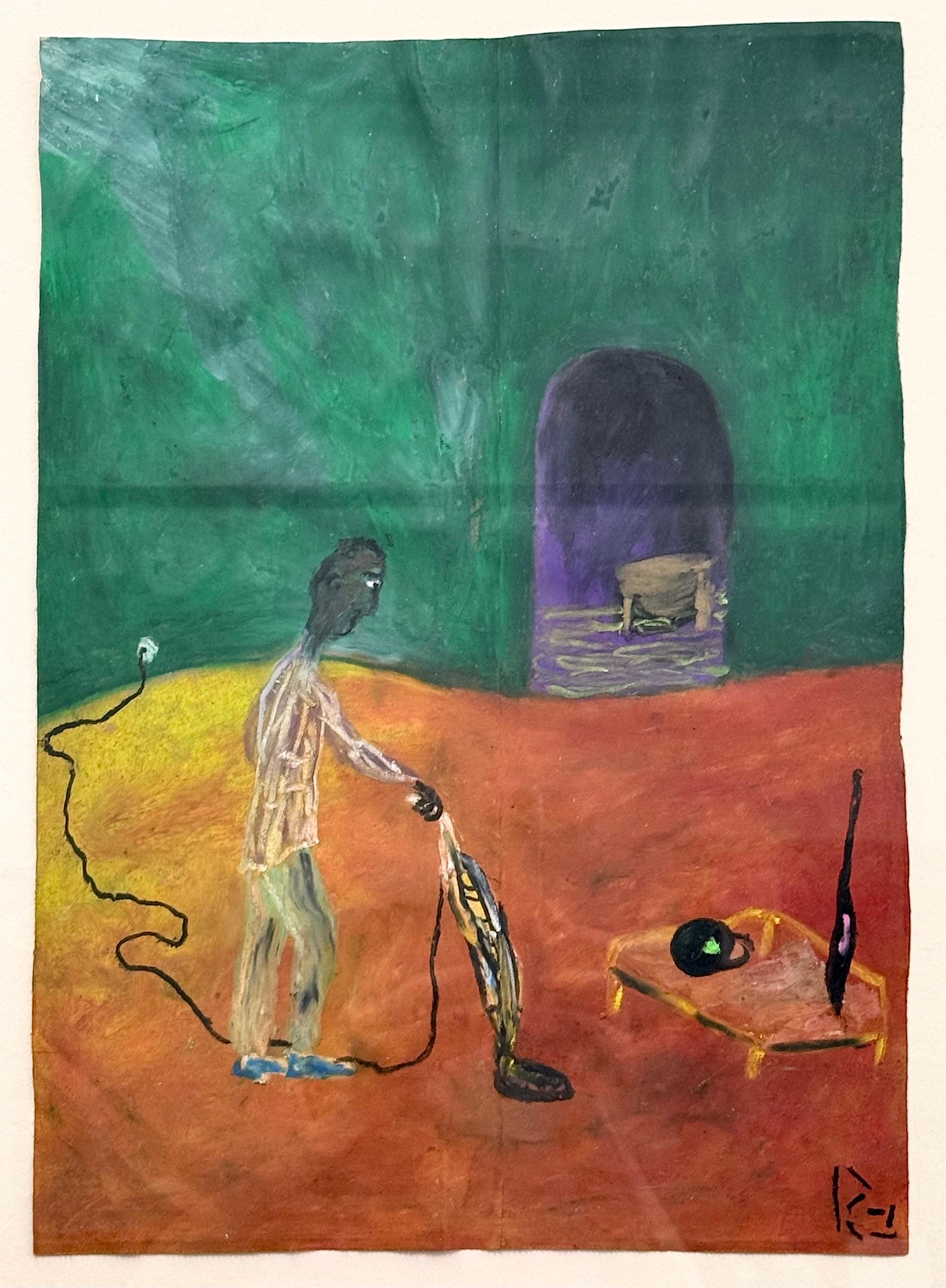 HIS NEW DEN Pastello a olio firmato su busta della spesa, Uomo con aspirapolvere, surreale - Art di Reginald K. Gee