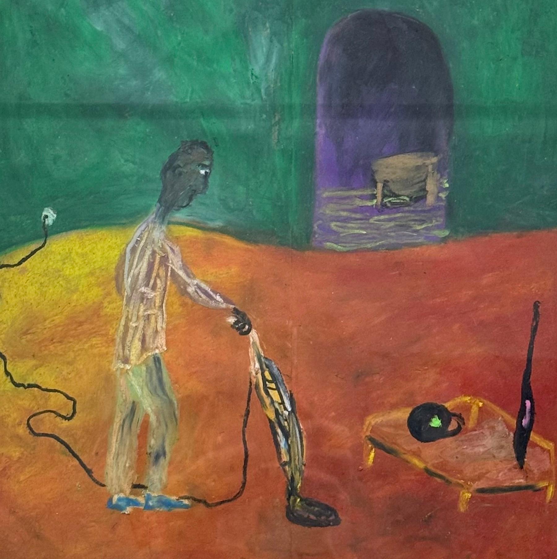 HIS NEW DEN Pastello a olio firmato su busta della spesa, Uomo con aspirapolvere, surreale - Art Neoespressionismo di Reginald K. Gee