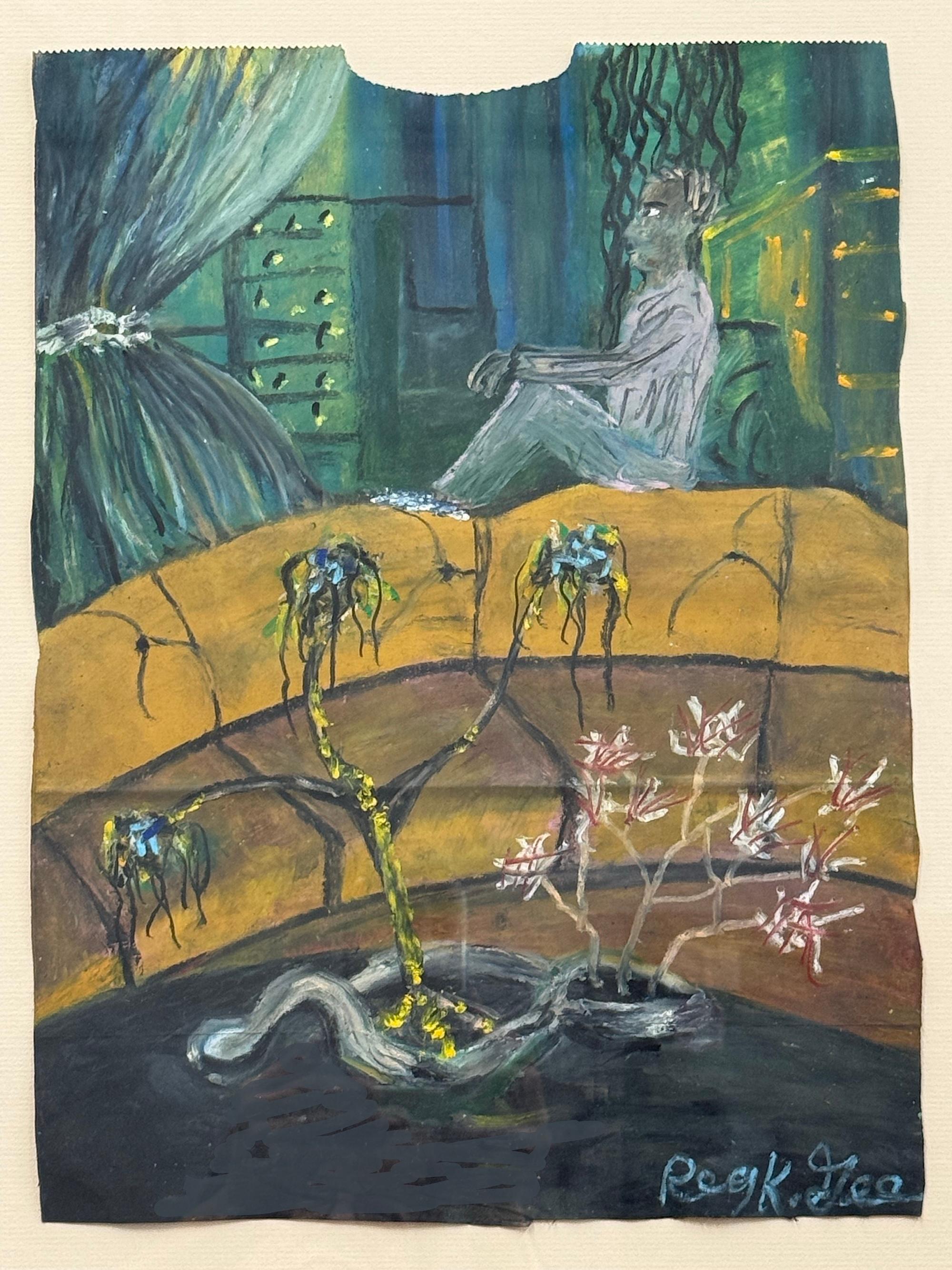 Devo rimanere dentro o uscire? Pastello a olio firmato, Uomo seduto, Interno surreale - Art di Reginald K. Gee
