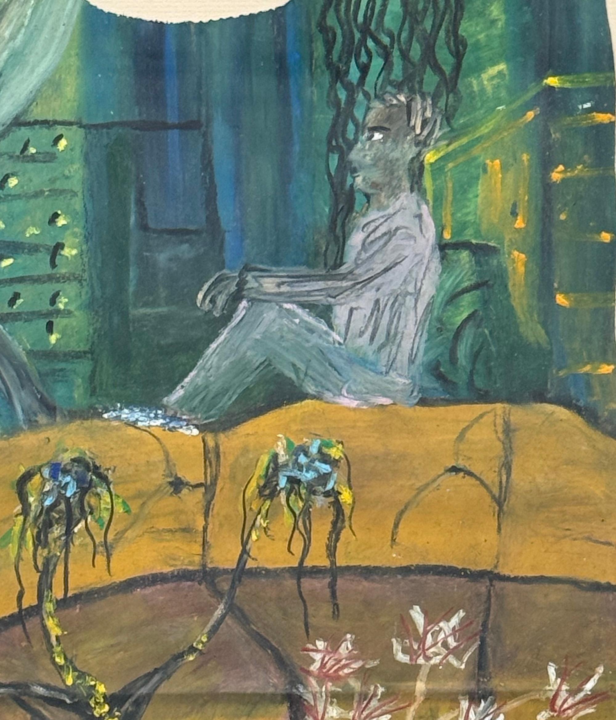 Devo rimanere dentro o uscire? Pastello a olio firmato, Uomo seduto, Interno surreale - Art Neoespressionismo di Reginald K. Gee