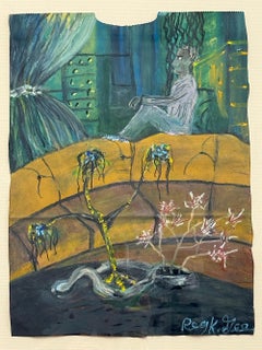 ¿debo quedarme o salir? Pastel al óleo firmado, Hombre sentado, Interior surrealista