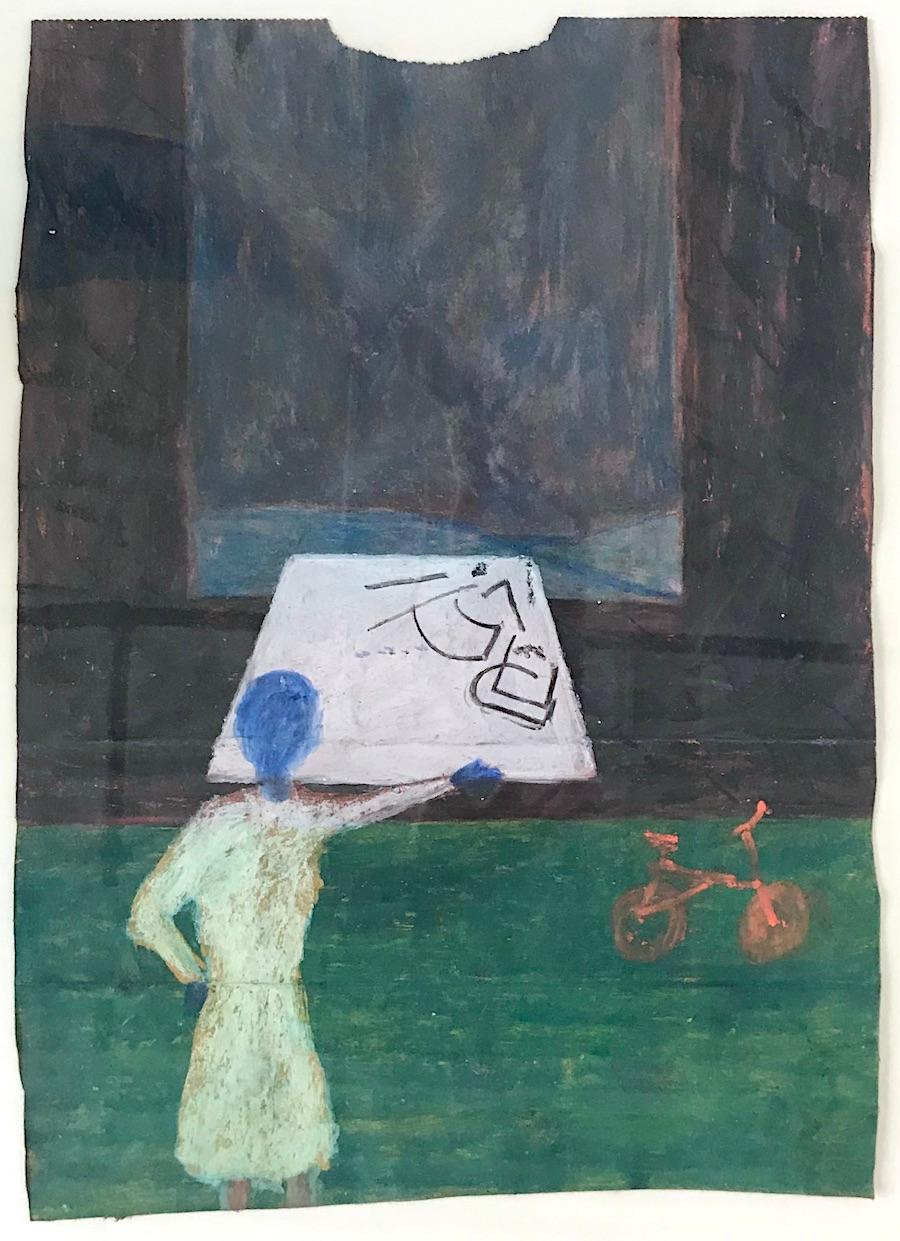 FRUGALNOMICS Pastello a olio firmato su borsa della spesa, ritratto d'interni, matematica, bicicletta - Art di Reginald K. Gee