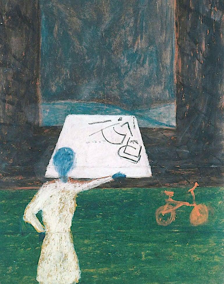 FRUGALNOMICS Pastello a olio firmato su borsa della spesa, ritratto d'interni, matematica, bicicletta - Interior Art Nero di Reginald K. Gee