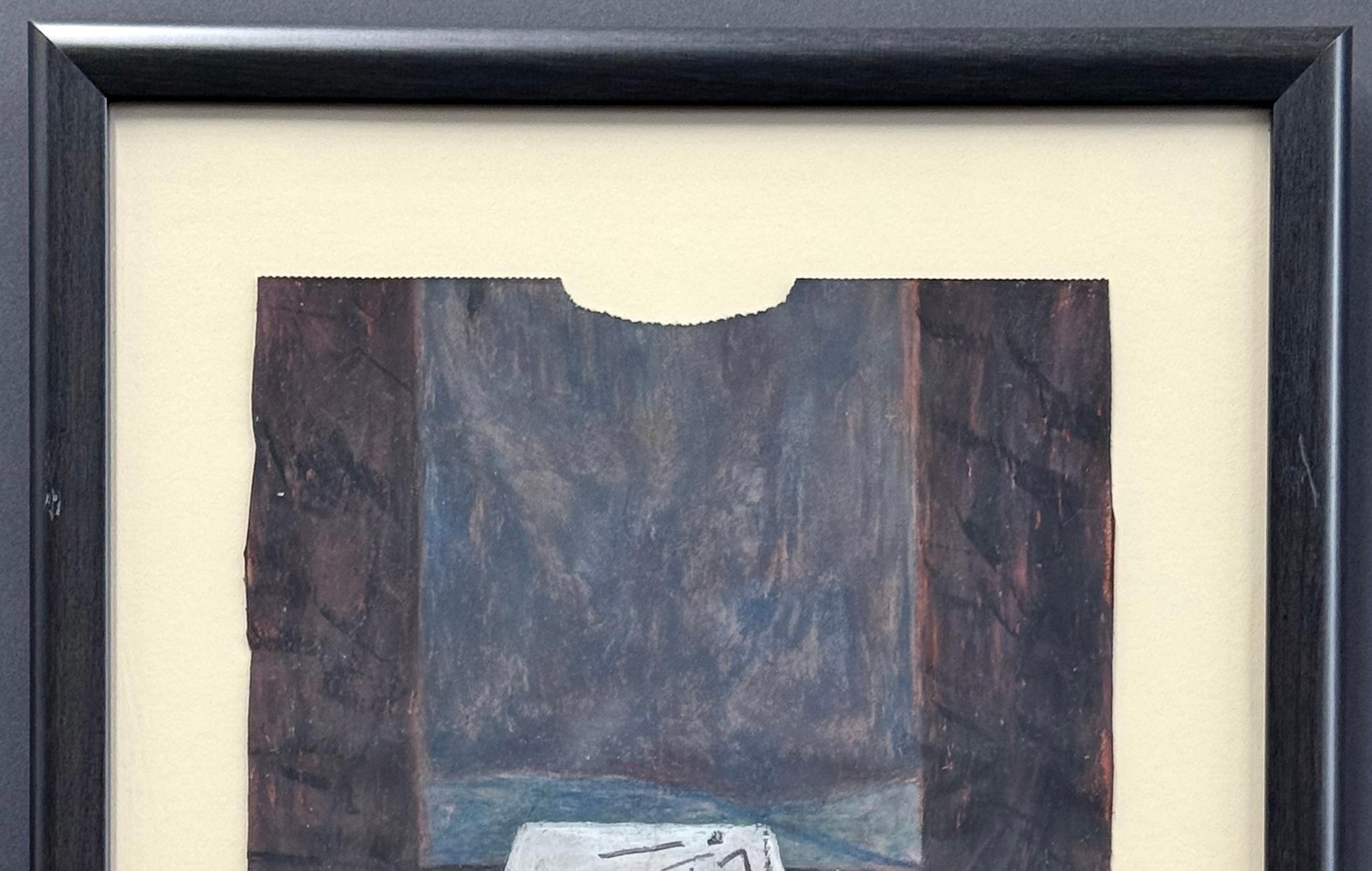 FRUGALNOMICS è un disegno originale a pastello a olio su una busta della spesa di carta marrone dell'artista afroamericano Reginald K. Gee, nato il 28 aprile 1964 a Milwaukee, Wisconsin. Gee è noto per la sua arte visionaria piena di volti comici ed