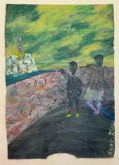 LANZAMIENTO DEL COHETE Pastel al óleo firmado, Paisaje abstracto, Viaje espacial, Arte visionario