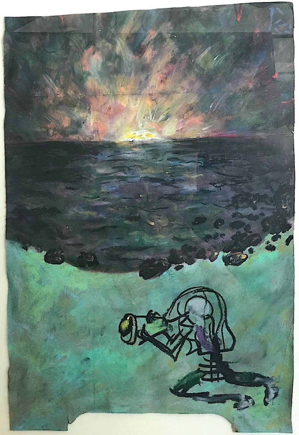 PHOTO SNEAK è un disegno originale a pastello a olio su una busta della spesa di carta marrone dell'artista afroamericano autodidatta Reginald K. Gee, nato il 28 aprile 1964 a Milwaukee, Wisconsin. Gee è noto per la sua arte visionaria piena di