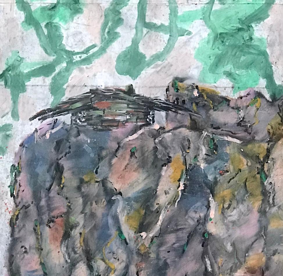 LAST HOUSE ON KENCH AVE. Signed Oil Pastel, Cliffside Ranch House, Pink, Gray - Neo-Expressionist Art by Reginald K. Gee