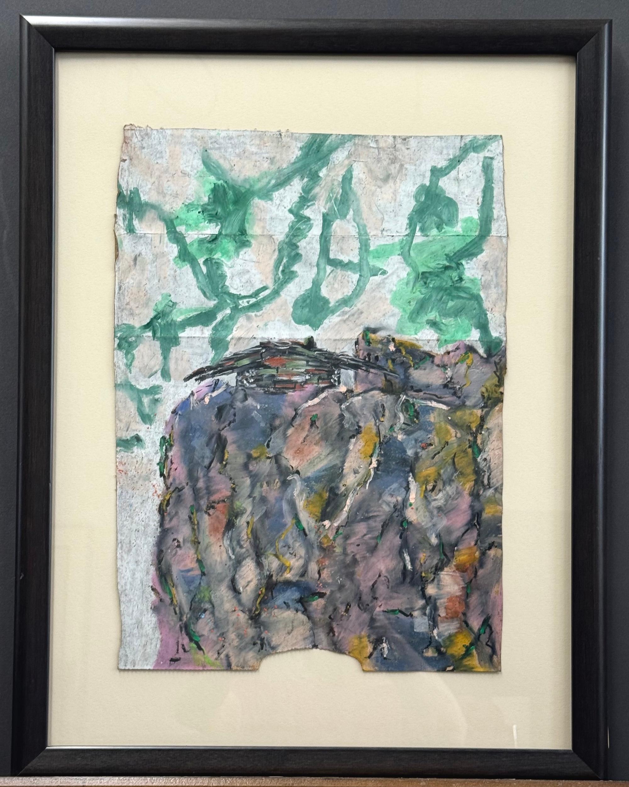 LAST HOUSE ON KENCH AVE. Signed Oil Pastel, Cliffside Ranch House, Pink, Gray For Sale 3