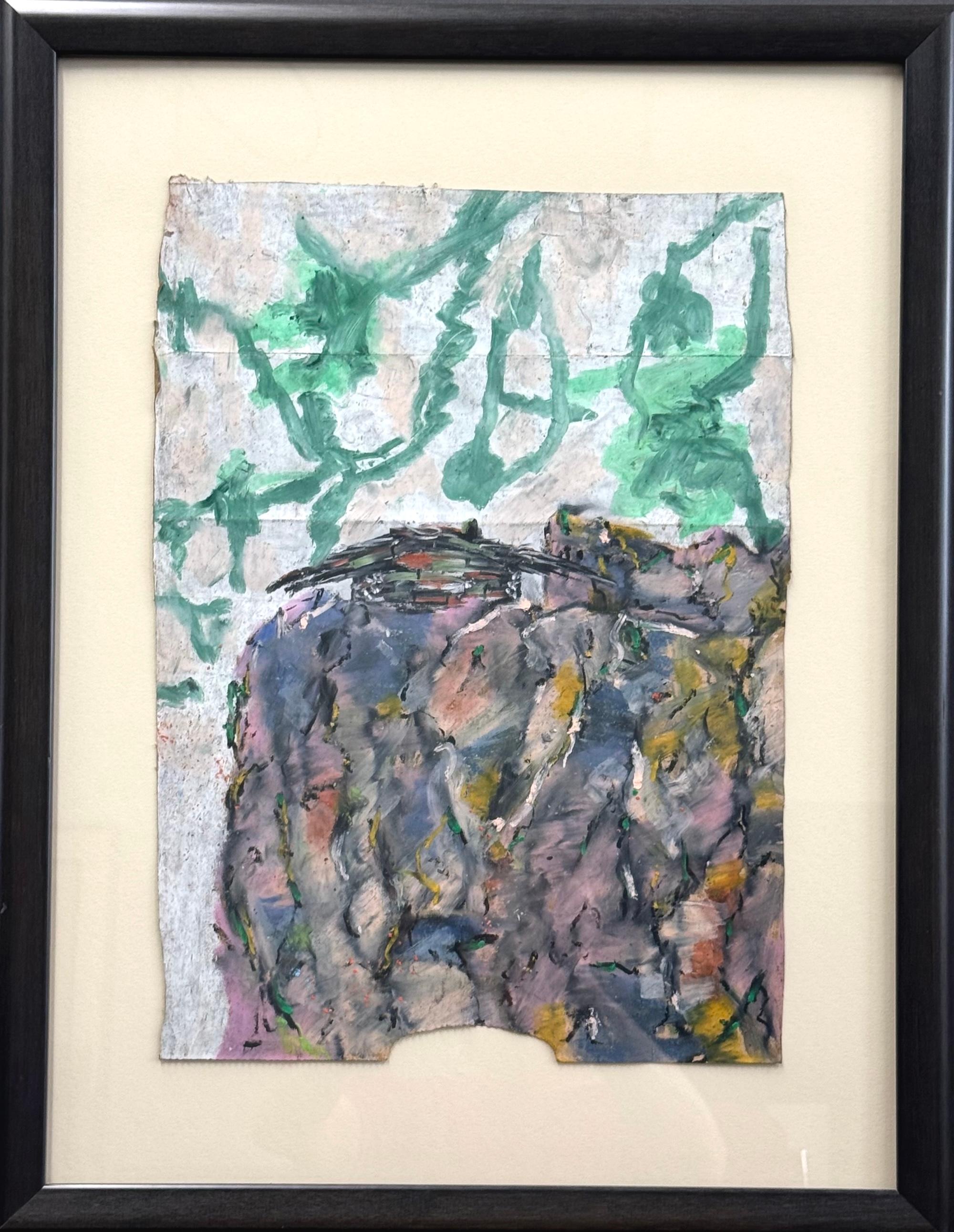 Reginald K. Gee Landscape Art - LAST HOUSE ON KENCH AVE. Signed Oil Pastel, Cliffside Ranch House, Pink, Gray