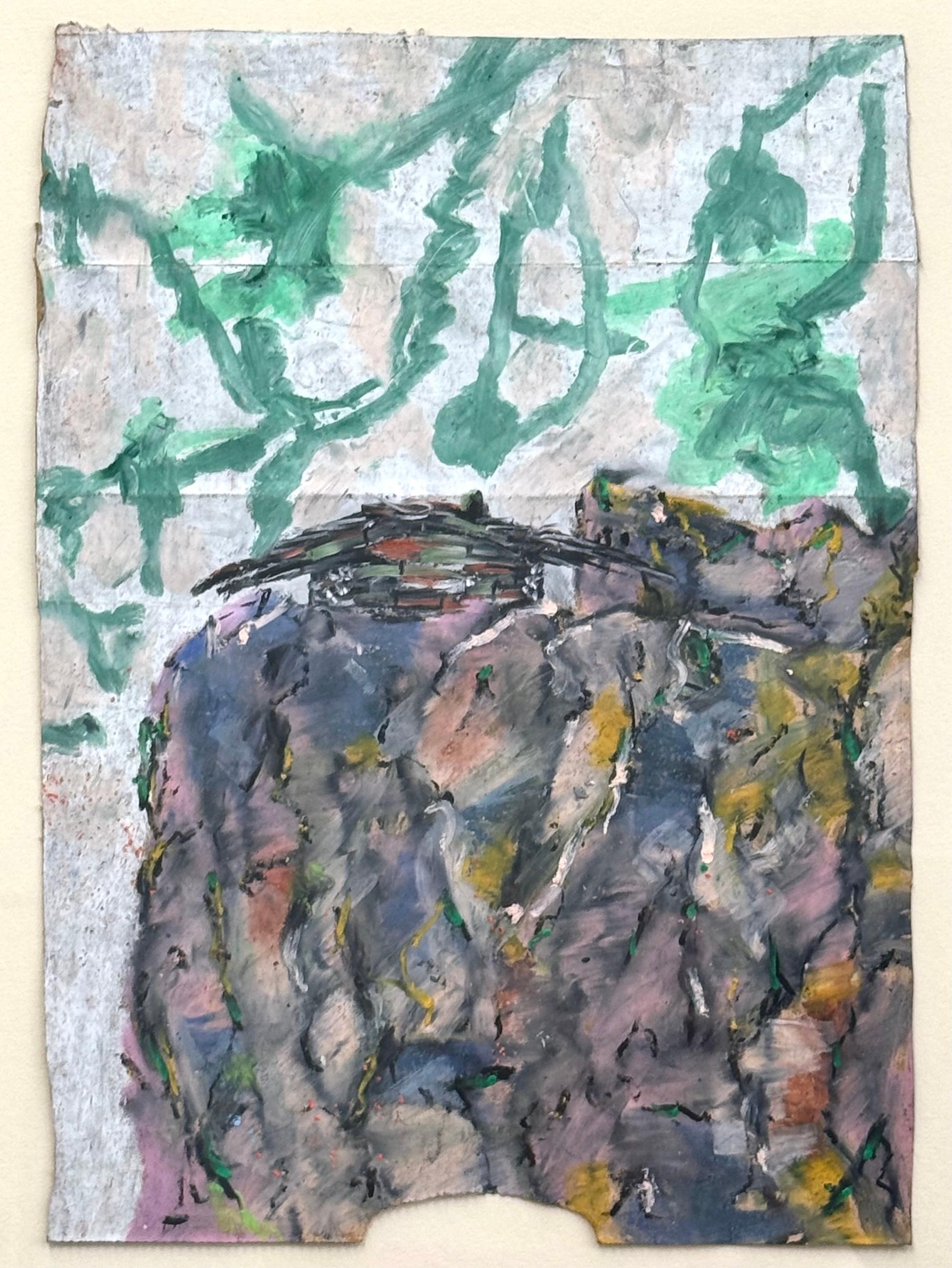 LAST HOUSE ON KENCH AVE. Signed Oil Pastel, Cliffside Ranch House, Pink, Gray - Art by Reginald K. Gee