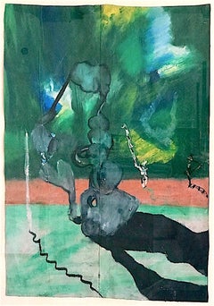 FENOMENO CURIOSO Firmato Pastello a olio su borsa della spesa, Paesaggio astratto, Verde