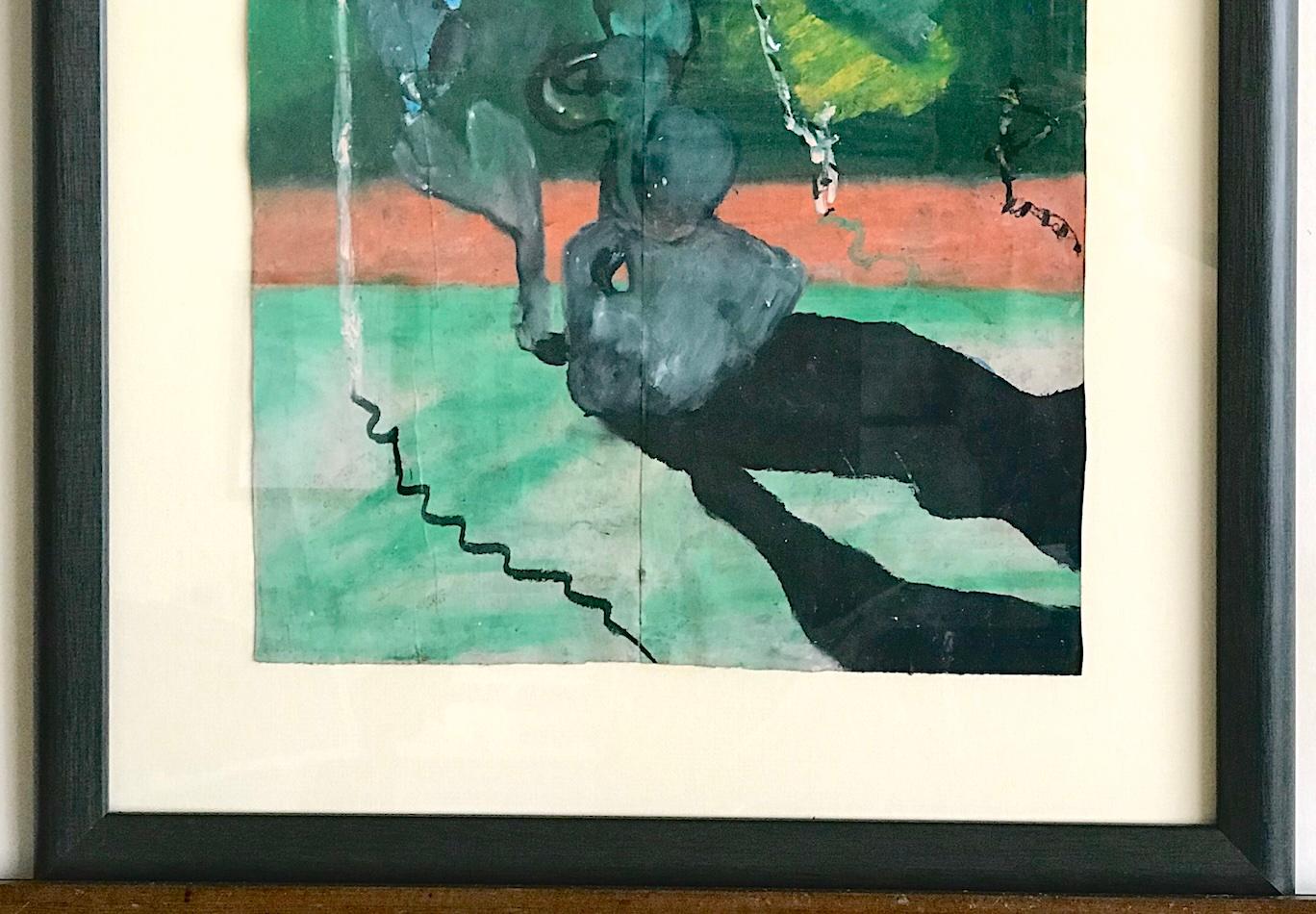FENOMENO CURIOSO Firmato Pastello a olio su borsa della spesa, Paesaggio astratto, Verde in vendita 1