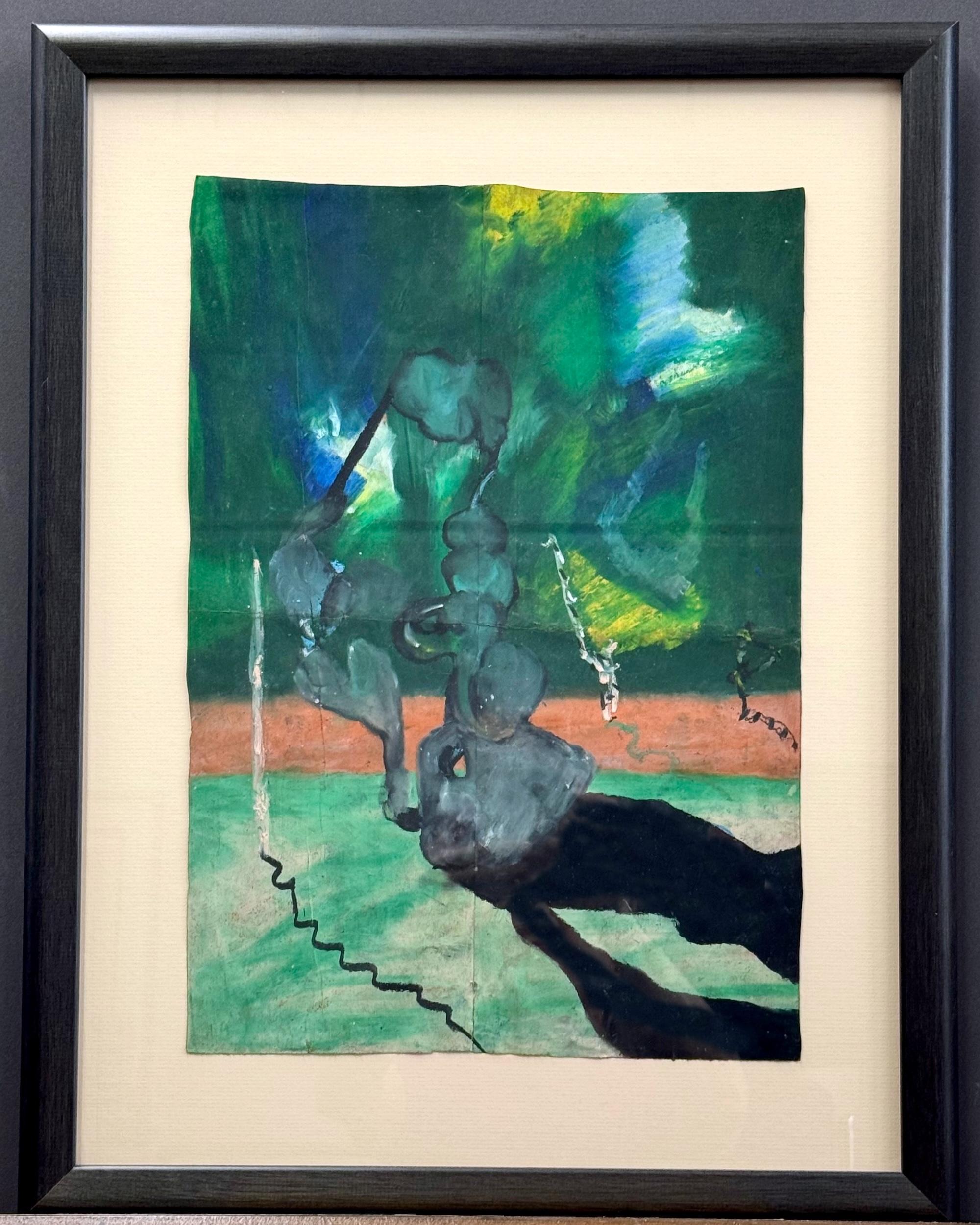 FENOMENO CURIOSO Firmato Pastello a olio su borsa della spesa, Paesaggio astratto, Verde in vendita 3