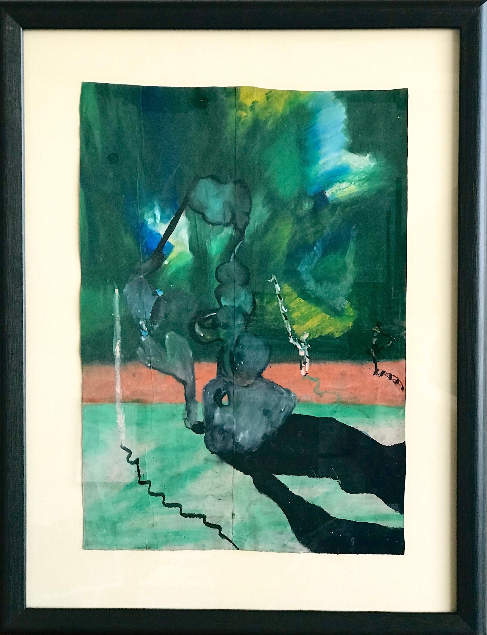 Landscape Art di Reginald K. Gee - FENOMENO CURIOSO Firmato Pastello a olio su borsa della spesa, Paesaggio astratto, Verde
