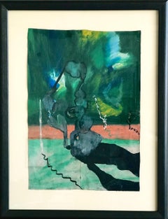 FENOMENO CURIOSO Firmato Pastello a olio su borsa della spesa, Paesaggio astratto, Verde