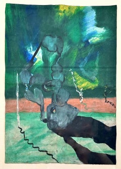 CURIOUS PHENOMENA Signed Oil Pastel on Grocery Bag, Dreamy Green Landscape